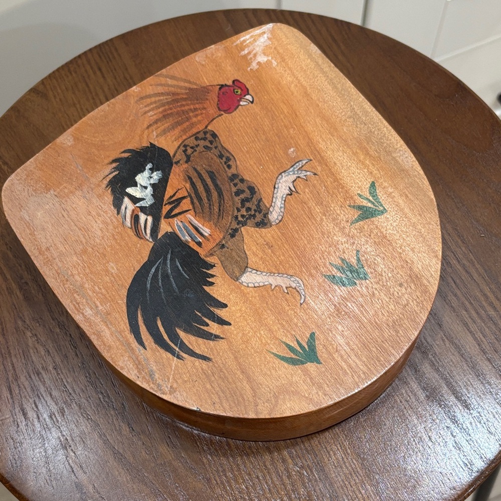 Hand-Painted Wooden Rooster Trinket Box or hamburger press- Rustic Brown